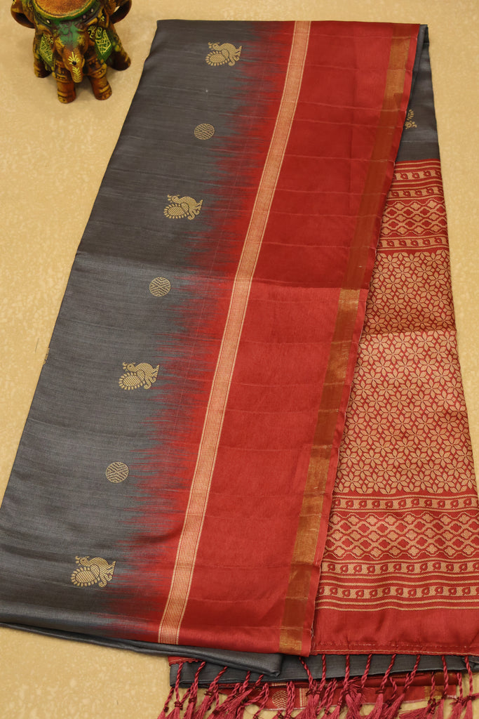 Semi Tussar Saree Peacock Print-Grey