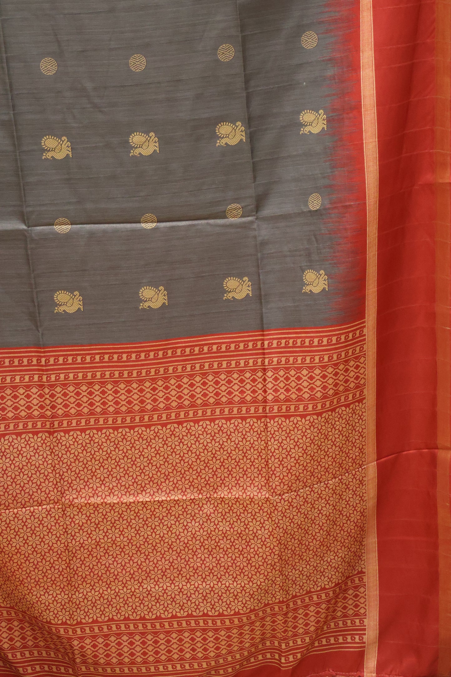 Semi Tussar Saree Peacock Print-Grey