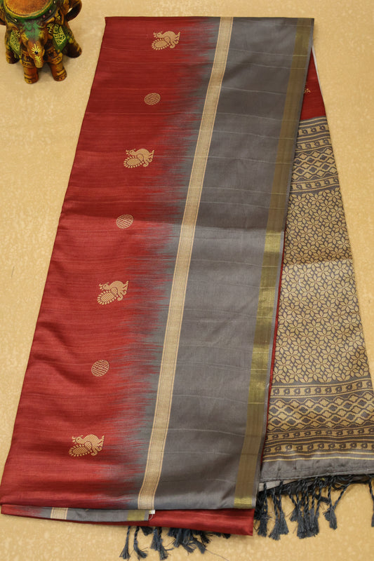 Semi Tussar Saree Peacock Print-Maroon