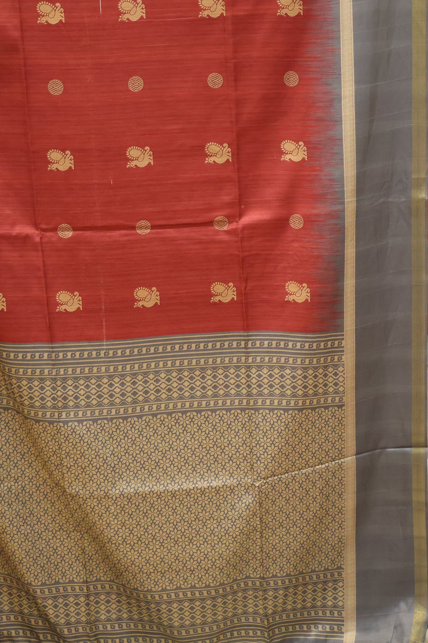 Semi Tussar Saree Peacock Print-Maroon