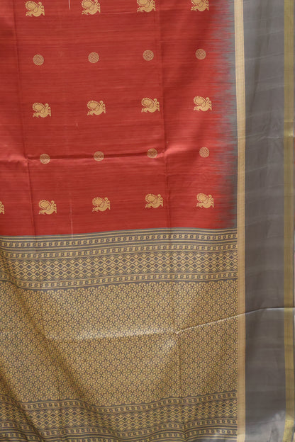 Semi Tussar Saree Peacock Print-Maroon