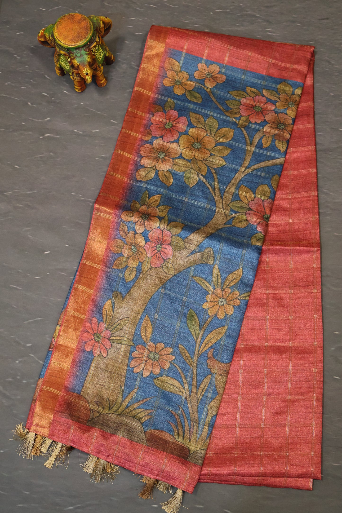 Art Tussar Saree -Red Zari Checks