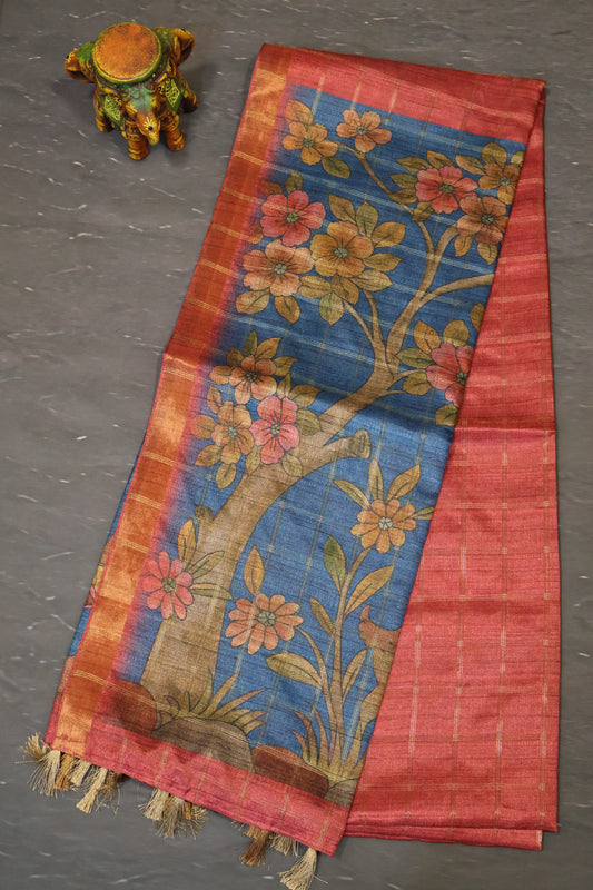 Art Tussar Saree -Red Zari Checks