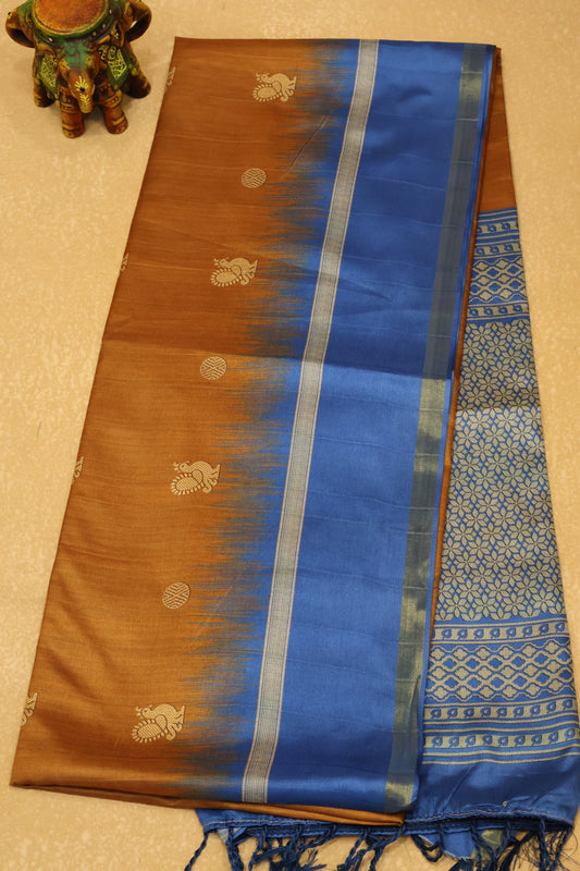 Semi Tussar Saree Peacock Print-Dark Beige