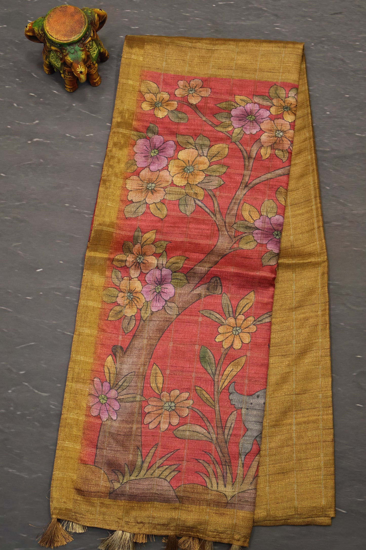 Art Tussar Saree -Mustard Zari Checks