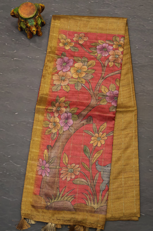 Art Tussar Saree -Mustard Zari Checks