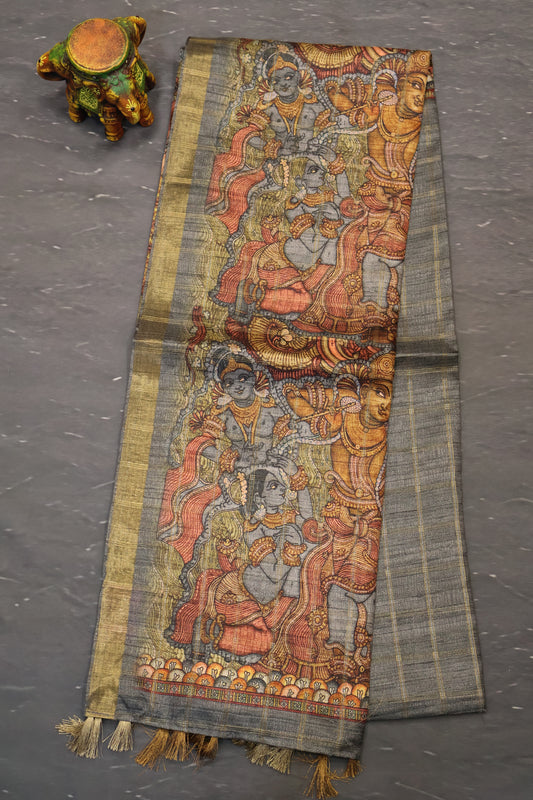 Art Tussar Saree -Grey Krish Kattam Zari
