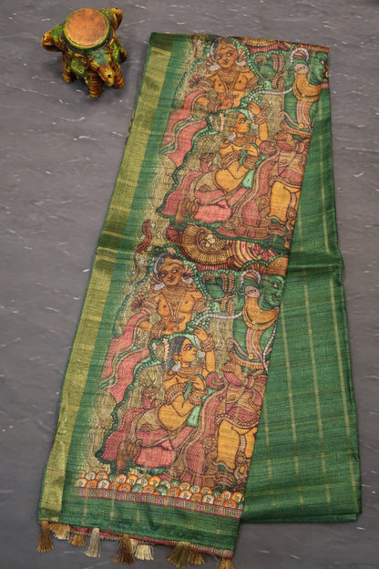 Art Tussar Saree -Green Krish Kattam Zari