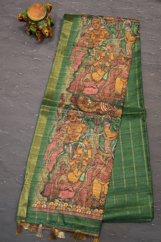 Art Tussar Saree -Green Krish Kattam Zari