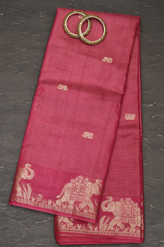 Semi Tussar Saree-Dark Pink Elephant Zari