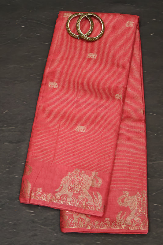 Semi Tussar Saree-Peach Pink Elephant Zari