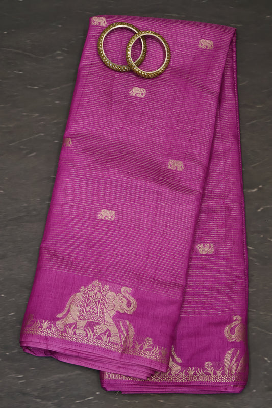 Semi Tussar Saree -Purple Elephant Zari