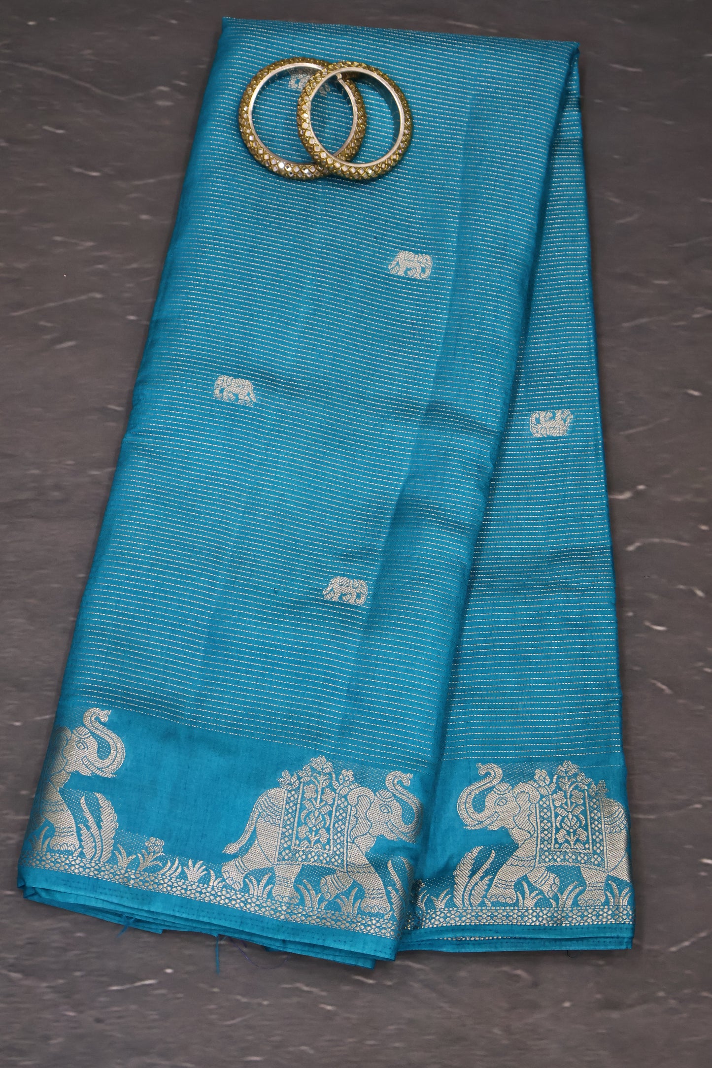 Semi Tussar Saree -Peacock Green Elephant Zari