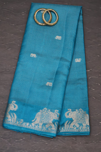 Semi Tussar Saree -Peacock Green Elephant Zari