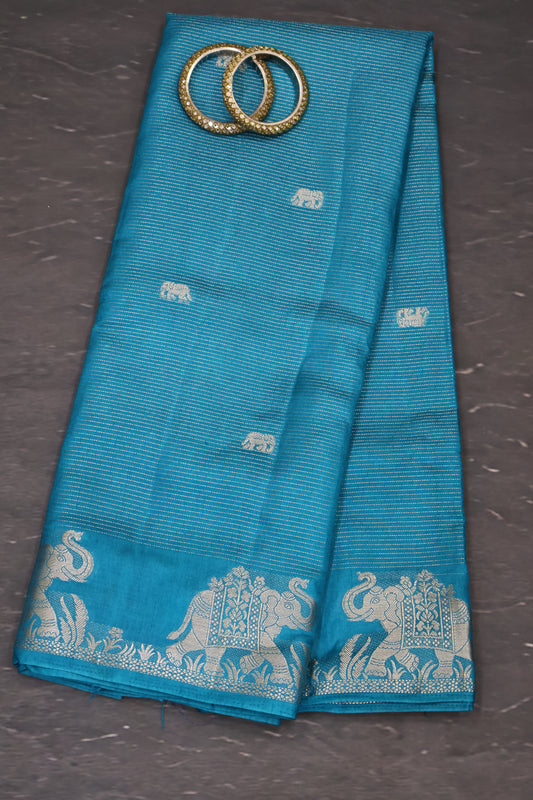 Semi Tussar Saree -Peacock Green Elephant Zari