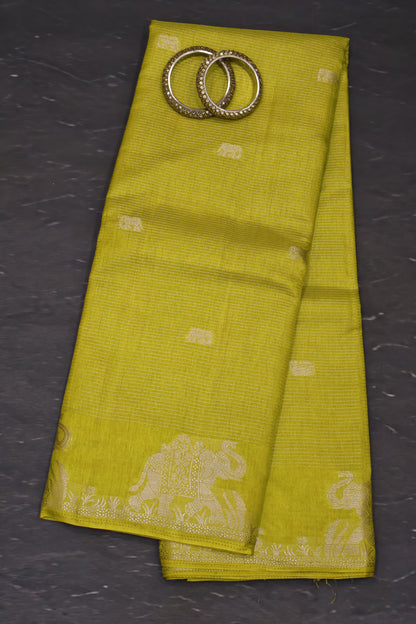 Semi Tussar Saree -Mehandi Green Elephant Zari