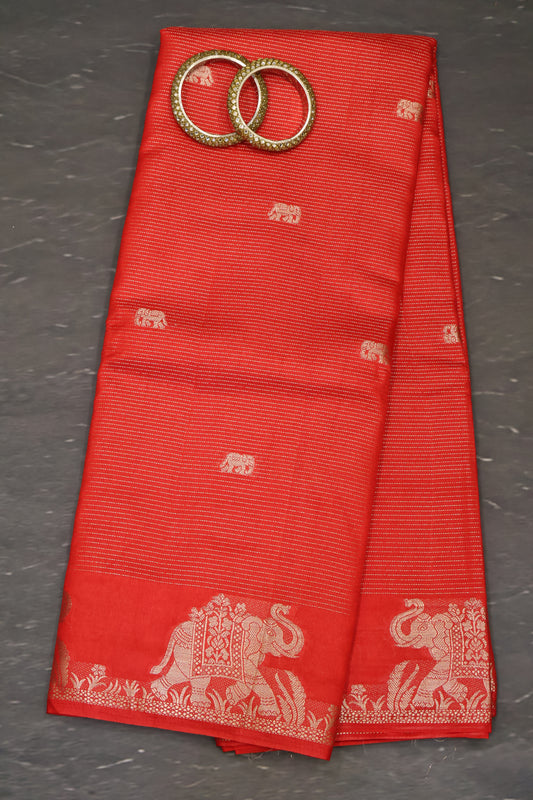 Semi Tussar Saree -Red Elephant Zari