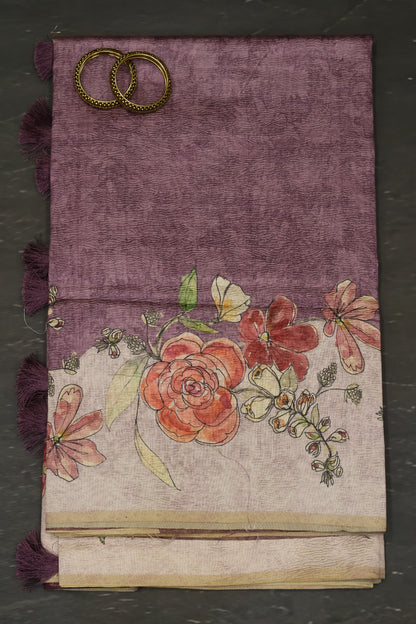 Semi Tussar Saree Crushed-Purple Roses