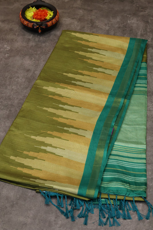 Semi Tussar Saree Tower Pattern-olive green