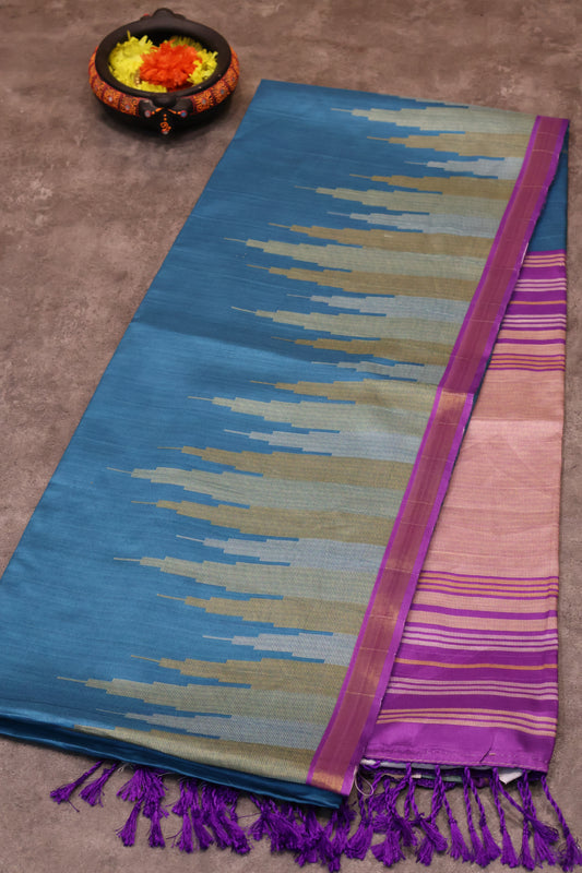 Semi Tussar Saree Tower Pattern-Peacock Blue