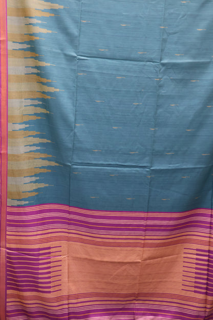 Semi Tussar Saree Tower Pattern-Peacock Blue