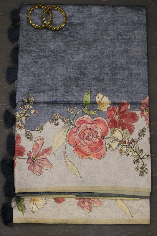 Semi Tussar Saree Crushed-Greyish Blue Roses