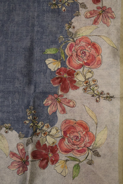 Semi Tussar Saree Crushed-Greyish Blue Roses