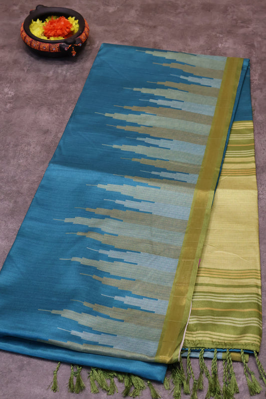 Semi Tussar Saree Tower Pattern-turquiose blue