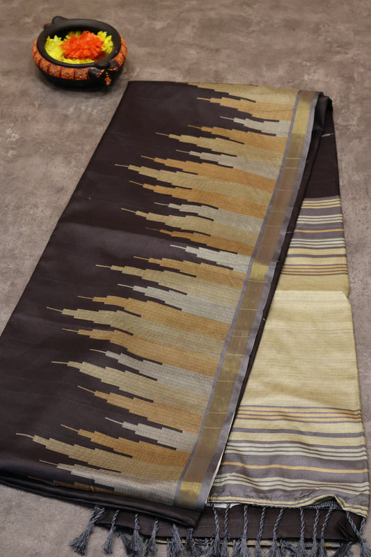 Semi Tussar Saree Tower Pattern-Black