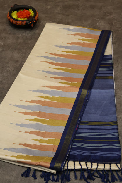 Semi Tussar Saree Tower Pattern-white