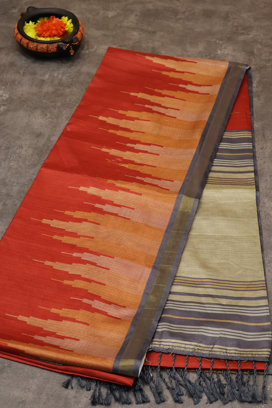 Semi Tussar Saree Tower Pattern-red
