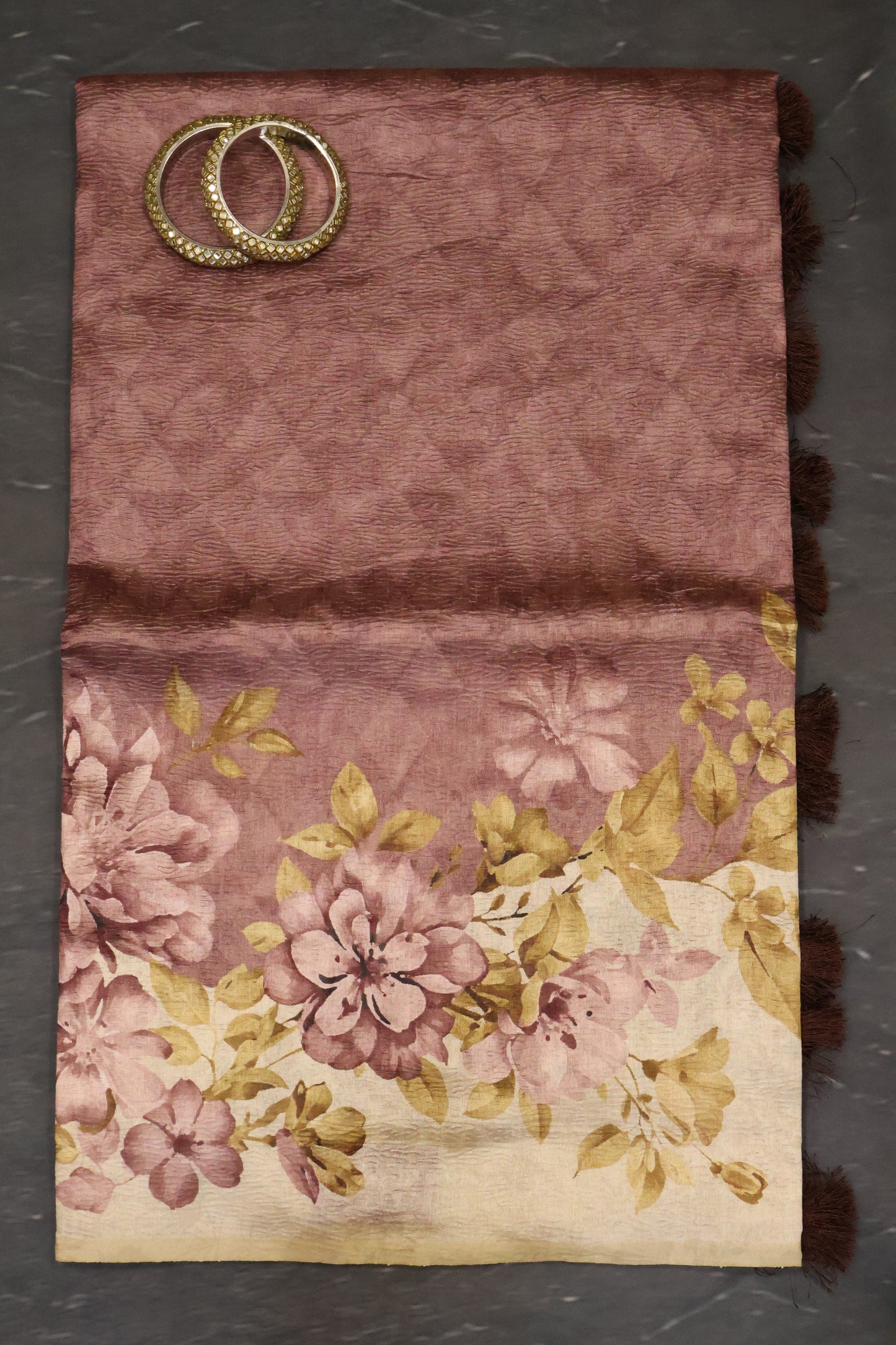 Semi Tussar Saree Crushed-Choco Brown Floral