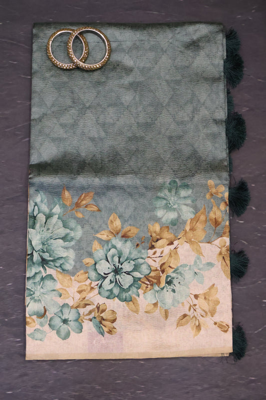 Semi Tussar Saree Crushed-Green Floral