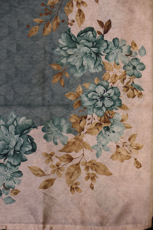Semi Tussar Saree Crushed-Green Floral