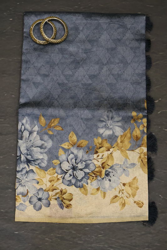 Semi Tussar Saree Crushed-Blue Floral
