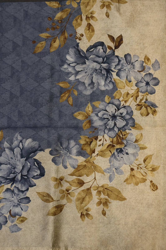 Semi Tussar Saree Crushed-Blue Floral