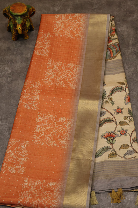 Semi Tussar Saree-orange zari