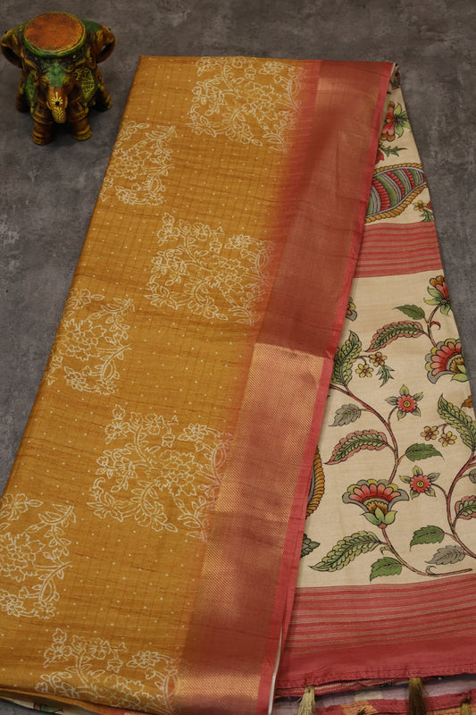 Semi Tussar Saree- golden yellow zari