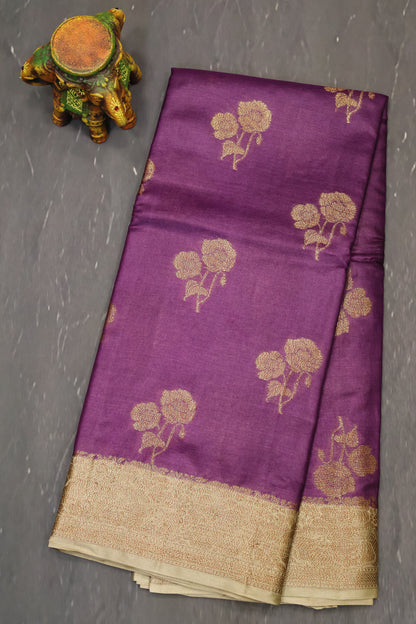 Pure Tussar Saree -Dark Purple Twin Floral