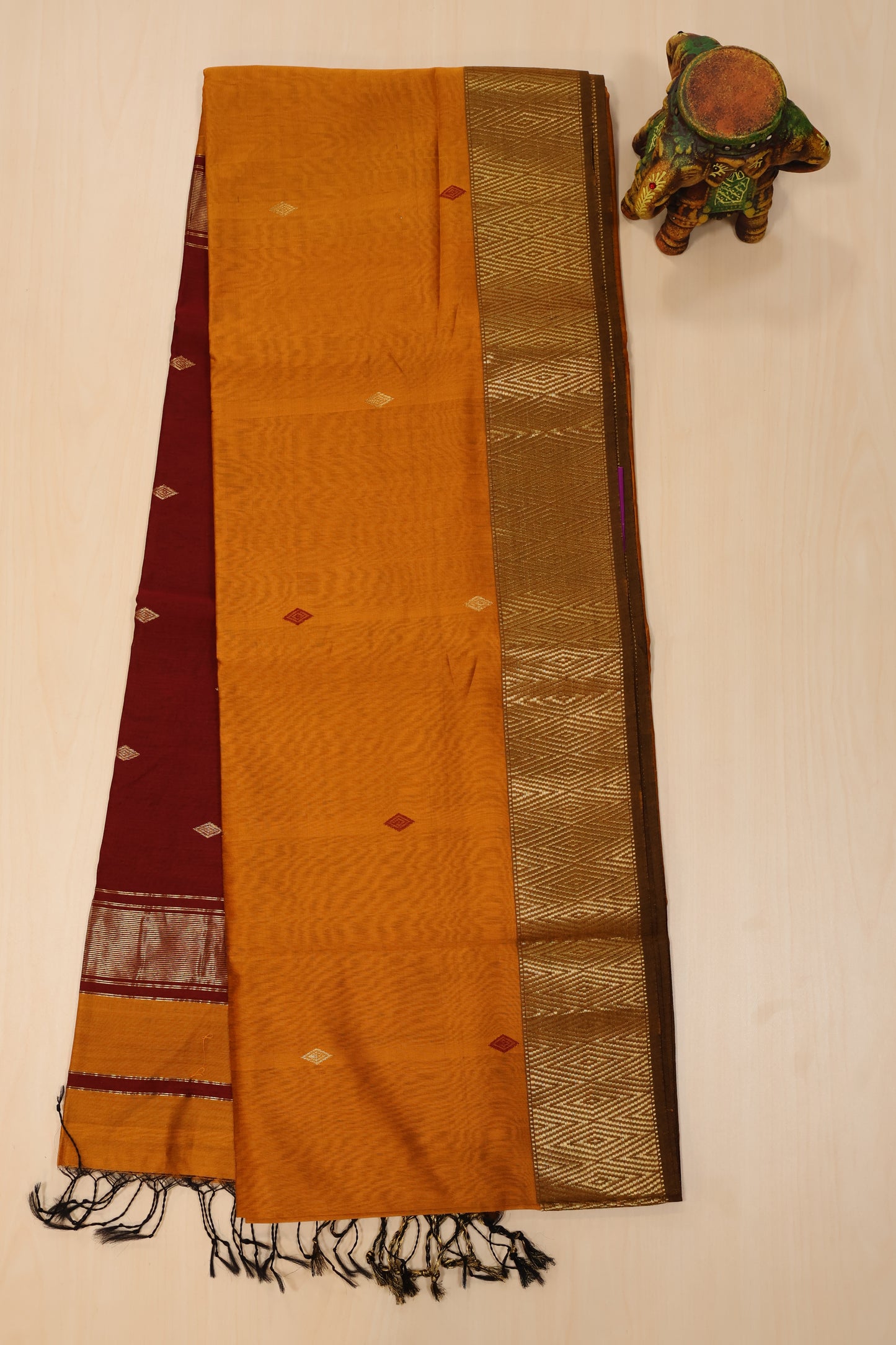 Pure Maheswari Silk Cotton saree-Mustard Yellow Diamond Pattern