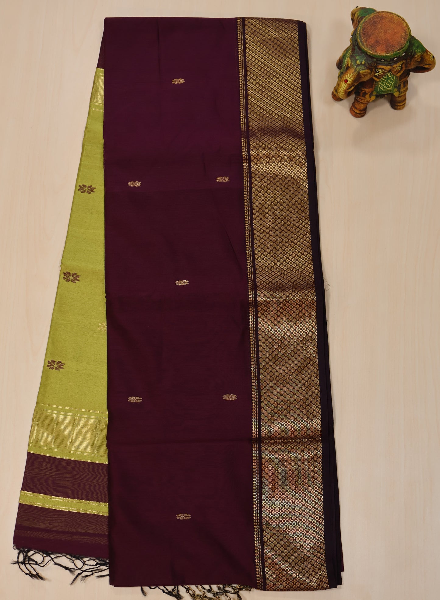 Pure Maheswari Silk Cotton saree-Wine Flower Border