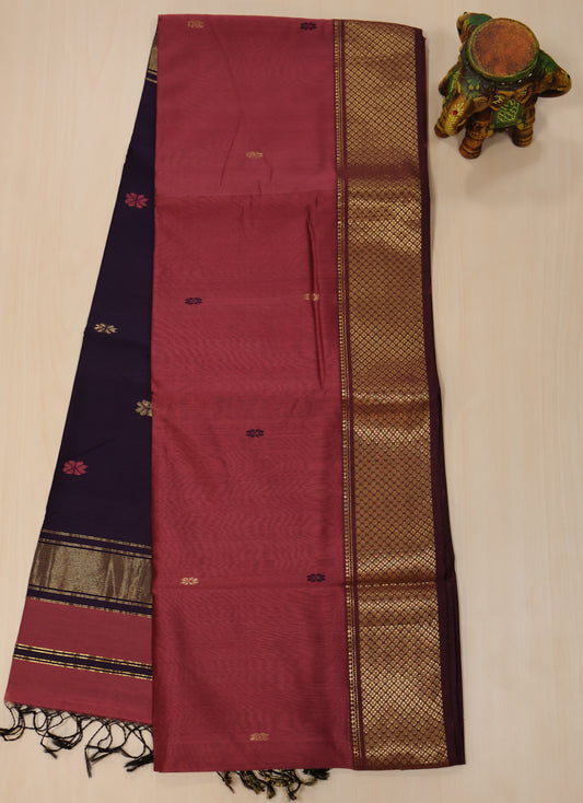 Pure Maheswari Silk Cotton saree-Dark Mauve Flower Border