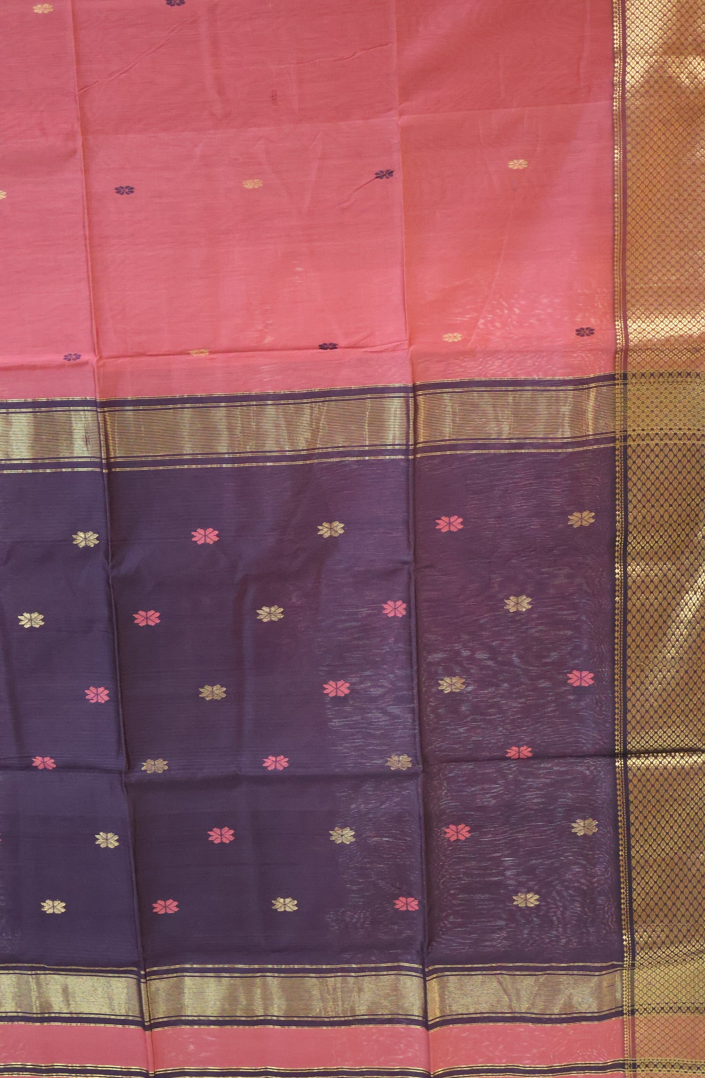 Pure Maheswari Silk Cotton saree-Dark Mauve Flower Border