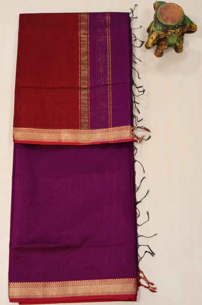 Pure Maheswari Silk Cotton saree-Purple Plain Small Border