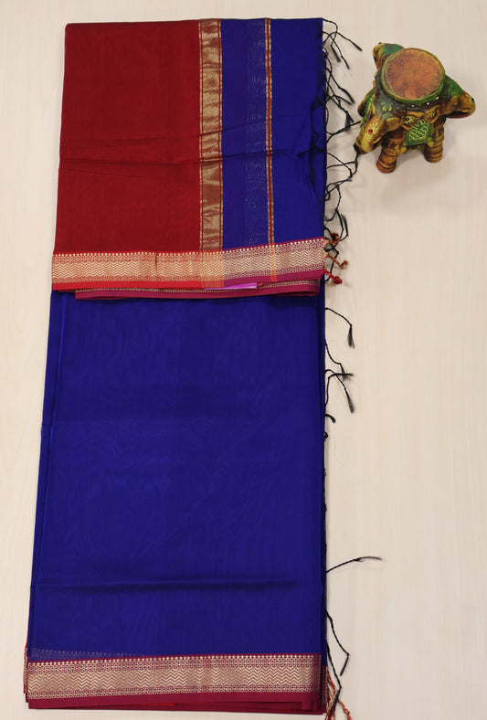 Pure Maheswari Silk Cotton saree-Blue Plain Small Border