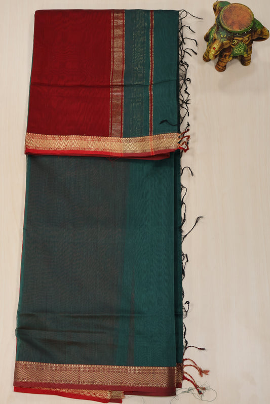 Pure Maheswari Silk Cotton saree-Green Plain Small Border