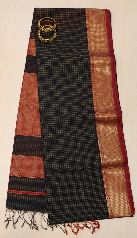 Pure Maheswari Silk Cotton saree-Black Zari Checks