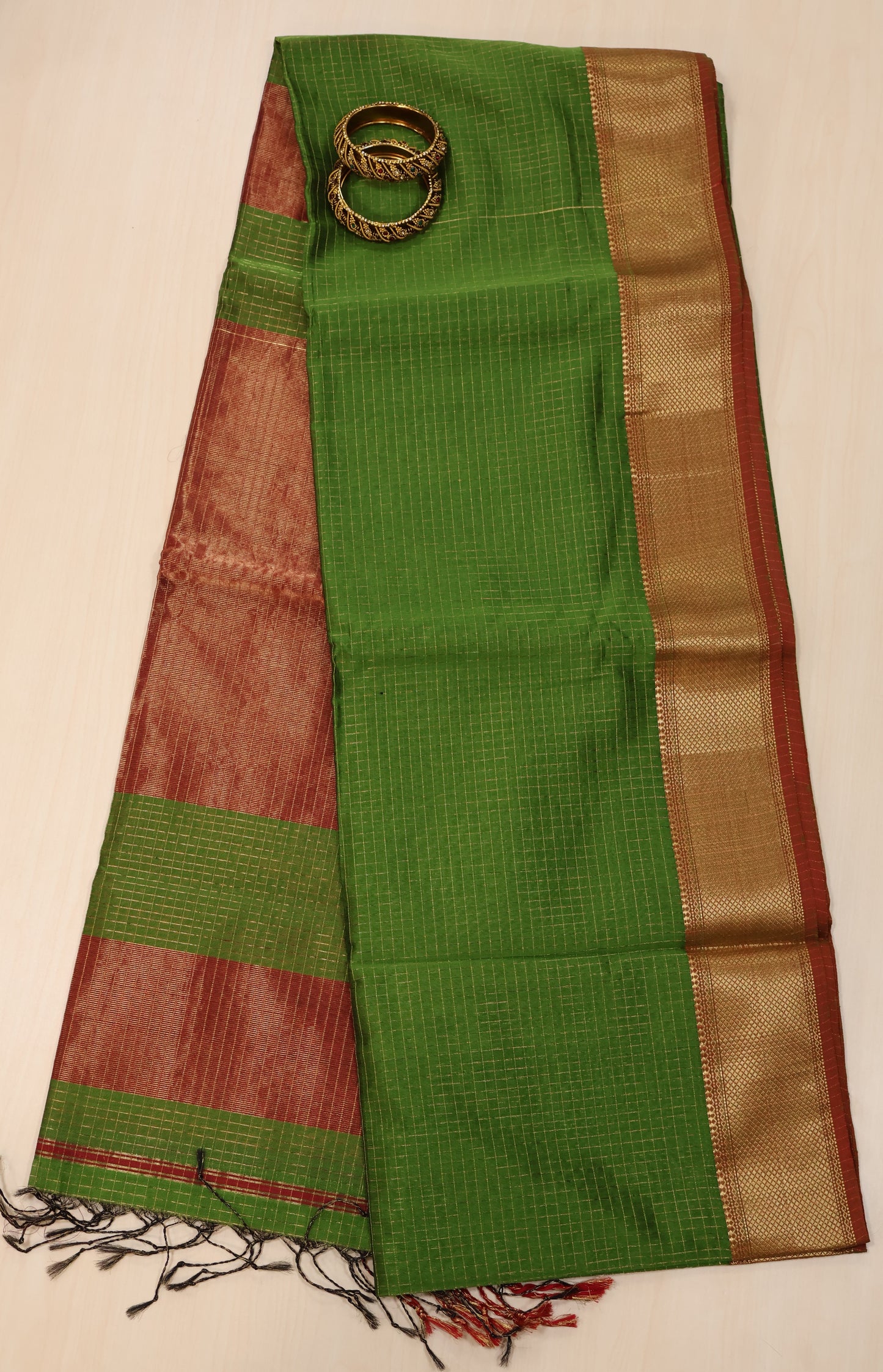 Pure Maheswari Silk Cotton saree-Light Green Zari Checks