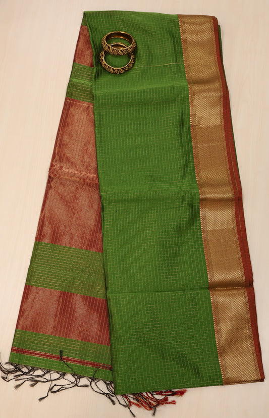 Pure Maheswari Silk Cotton saree-Light Green Zari Checks