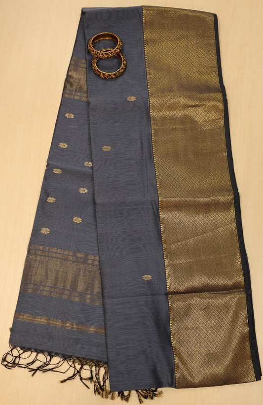 Pure Maheswari Silk Cotton saree-Elephant Grey Zari Checks